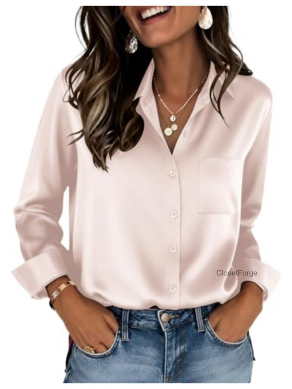 Satin Long Sleeve Button Down Blouse Women's Casual V-Neck Shirt